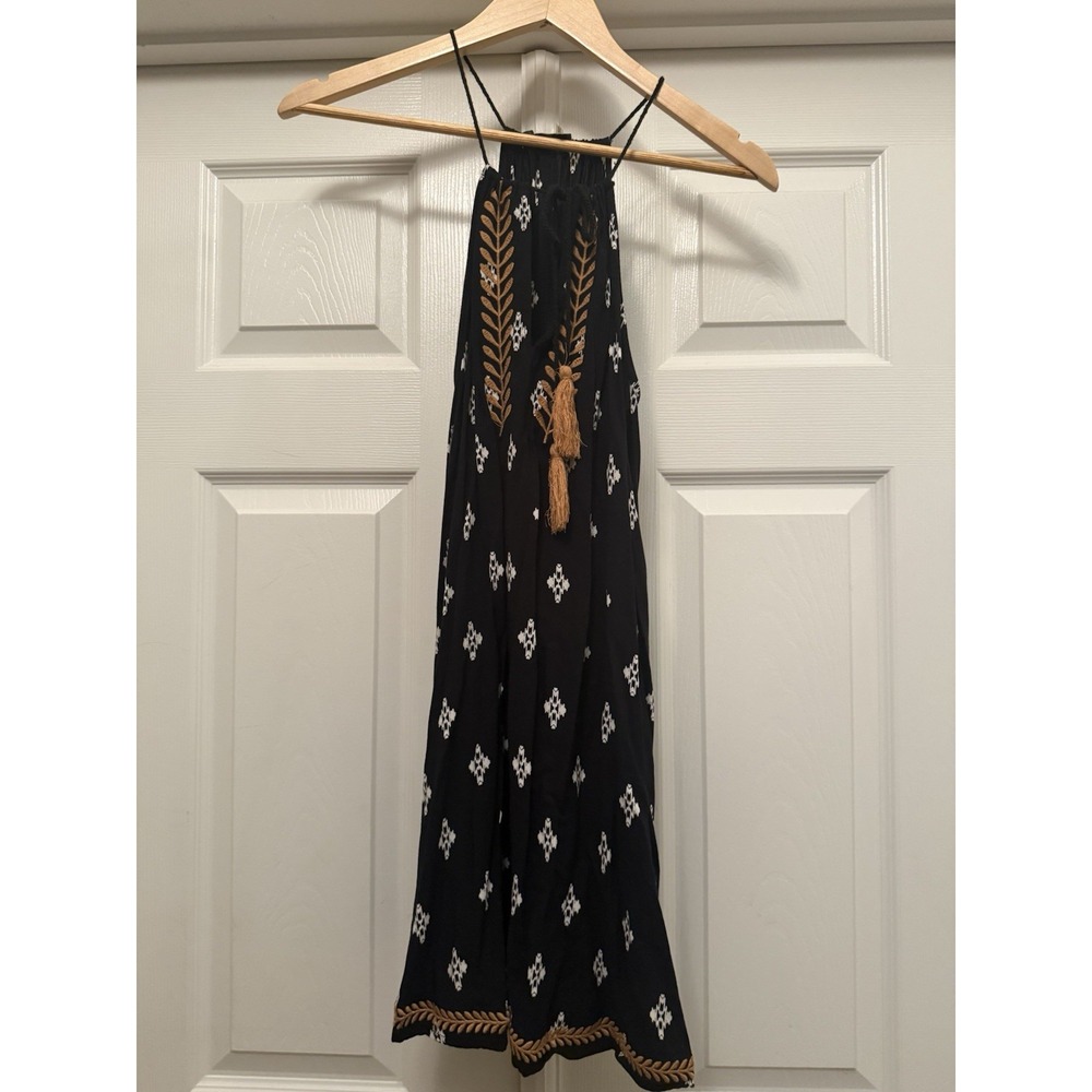 THML Halter Dress Womens MP Black Tan Embroidered Tassel Boho Mini Ikat Print